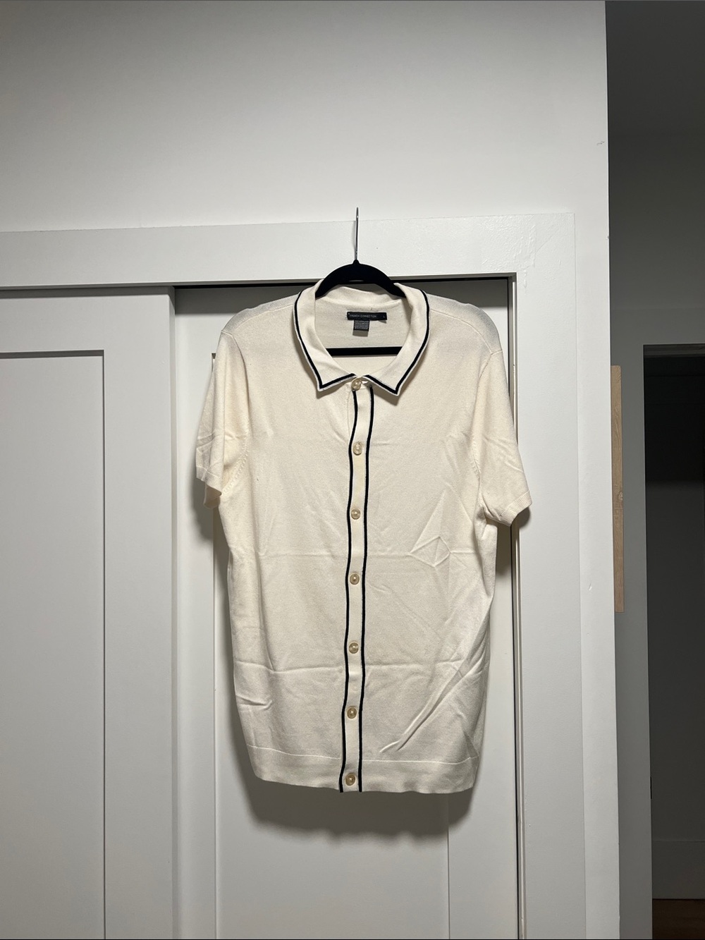 Fren Connection Cream Short-Sleeve Button Front Knit Top with Black Trim